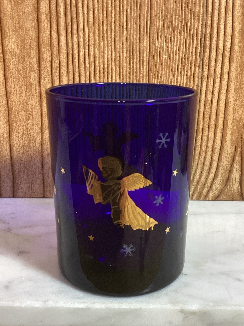 Culver Cobalt Blue Glass Gold Angel Stars and Snowflakes